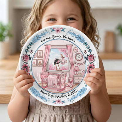 Pink Nursery Room with Stork and Floral Border Personalized Birthday Plate P518MN50