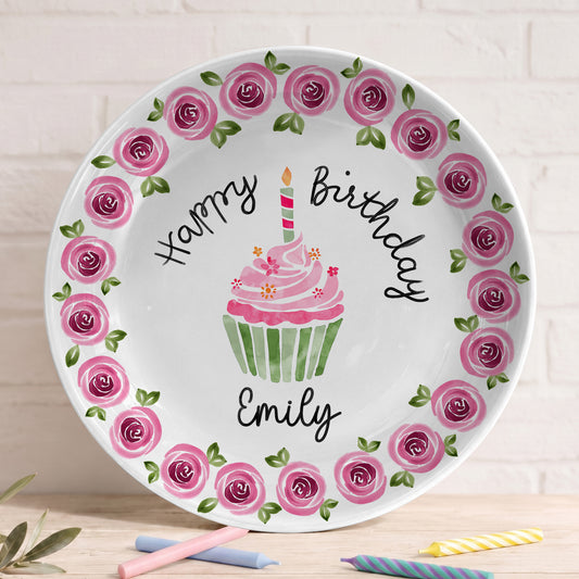 Pink Rose Cupcake Birthday Keepsake Personalized Birthday Plate P626IC7TT