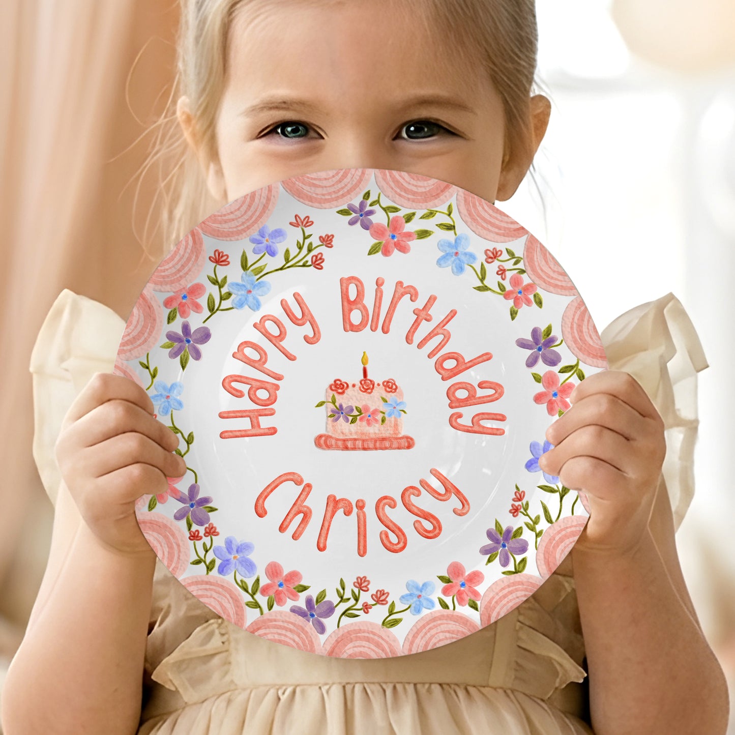 Pink Scallop Border with Colorful Floral Wreath Personalized Birthday Plate P42VPA0