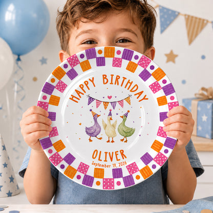 Orange Purple and Pink Checker Border with Party Ducks Personalized Birthday Plate P611QZK0