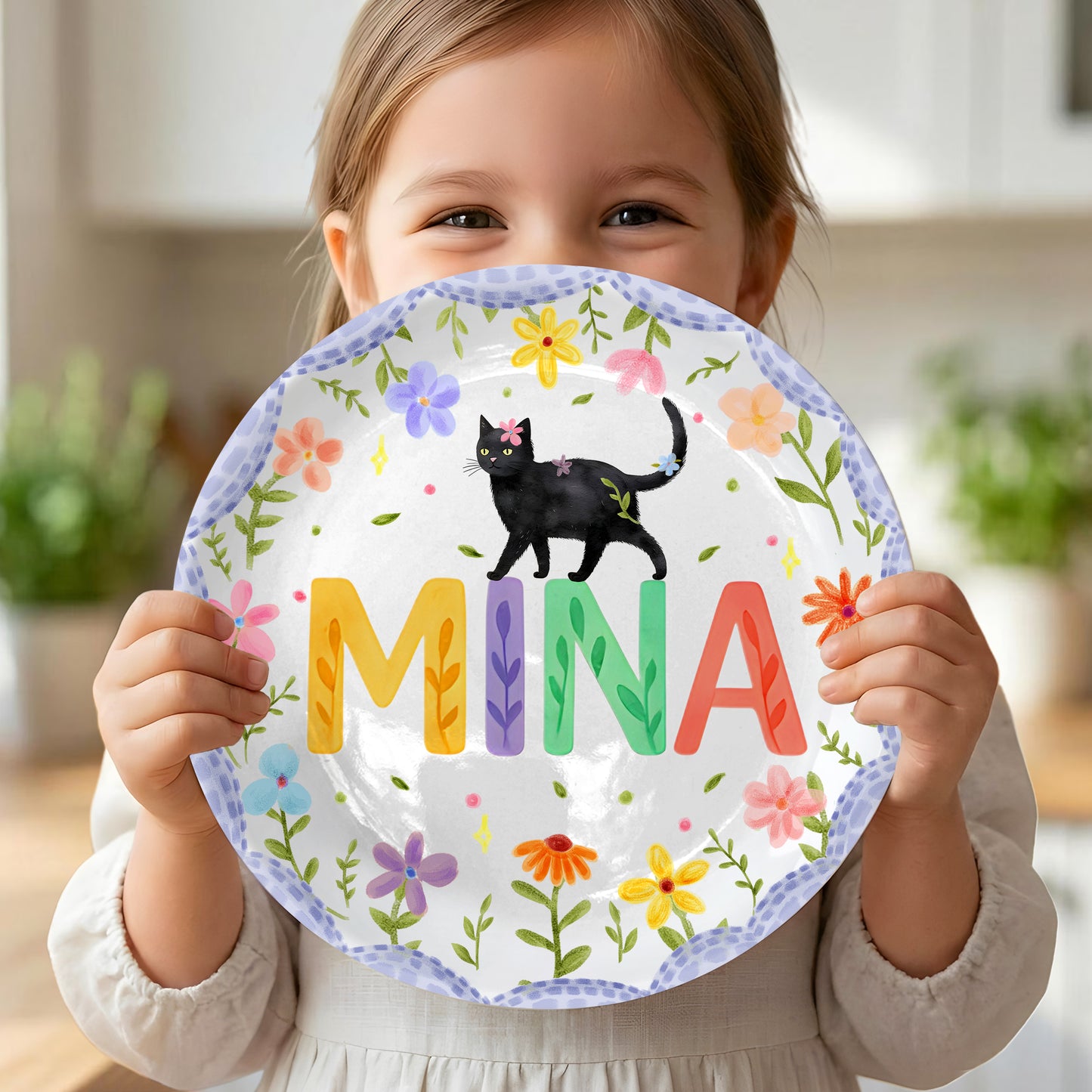 Lavender Scallop Border with Black Cat and Colorful Floral Name Personalized Birthday Plate P54NP00