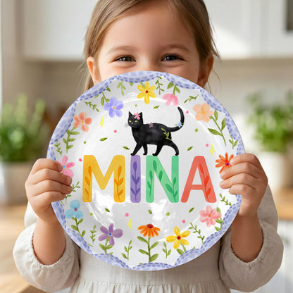 Lavender Scallop Border with Black Cat and Colorful Floral Name Personalized Birthday Plate P54NP00
