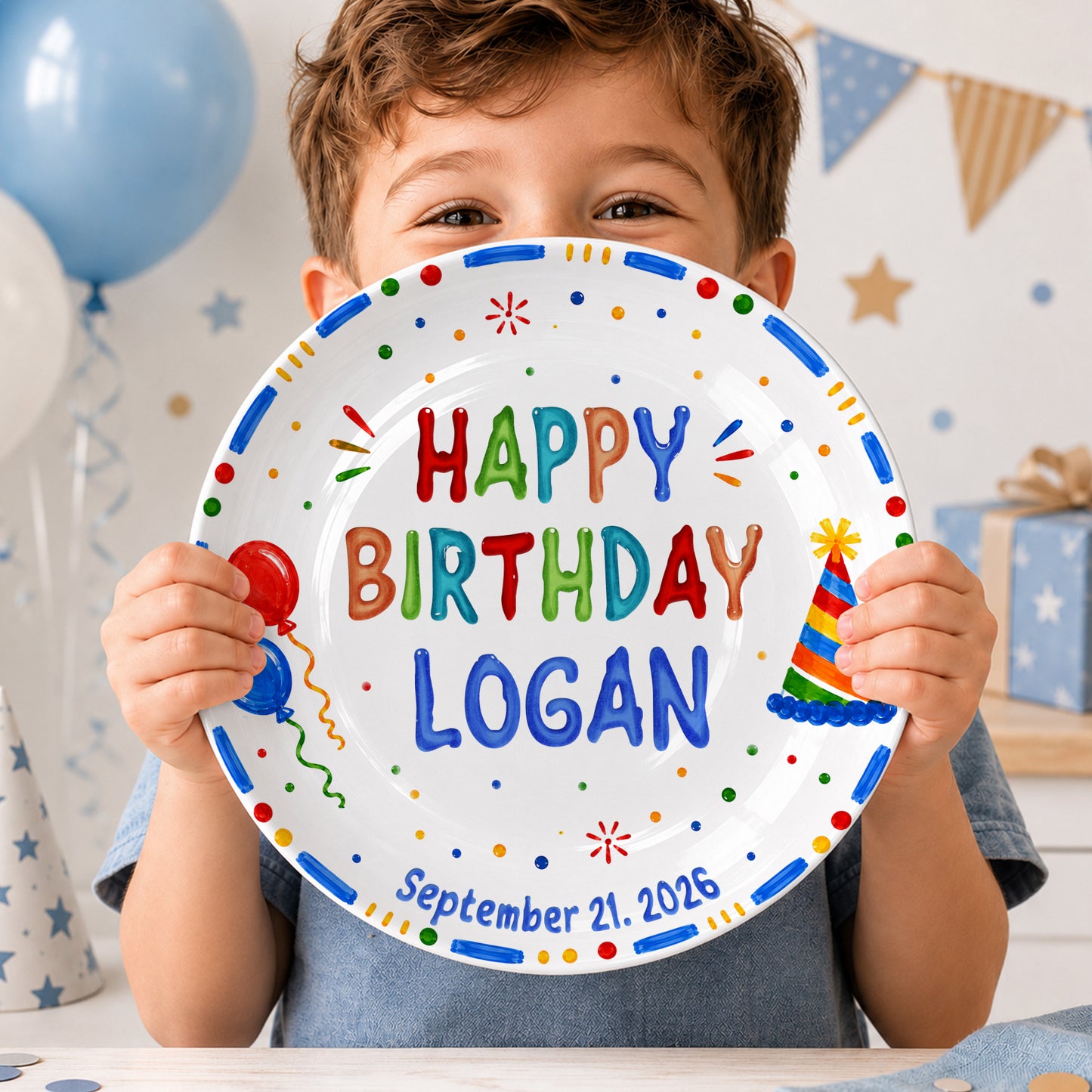 Colorful Balloon and Party Hat Birthday Personalized Birthday Plate P528XA40