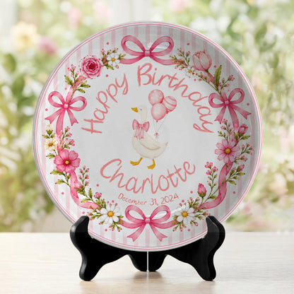 Pink Gingham Goose Keepsake Personalized Birthday Plate P718Q670