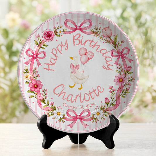Pink Gingham Goose Keepsake Personalized Birthday Plate P718Q670