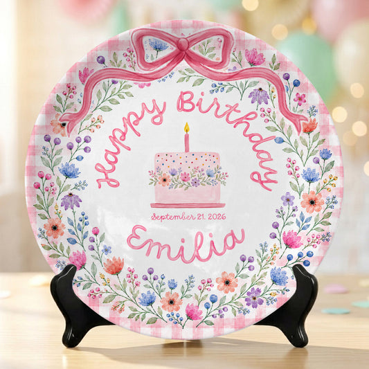 Whimsical Garden Floral Ribbon Keepsake Personalized Birthday Plate for Girls P87NWF0