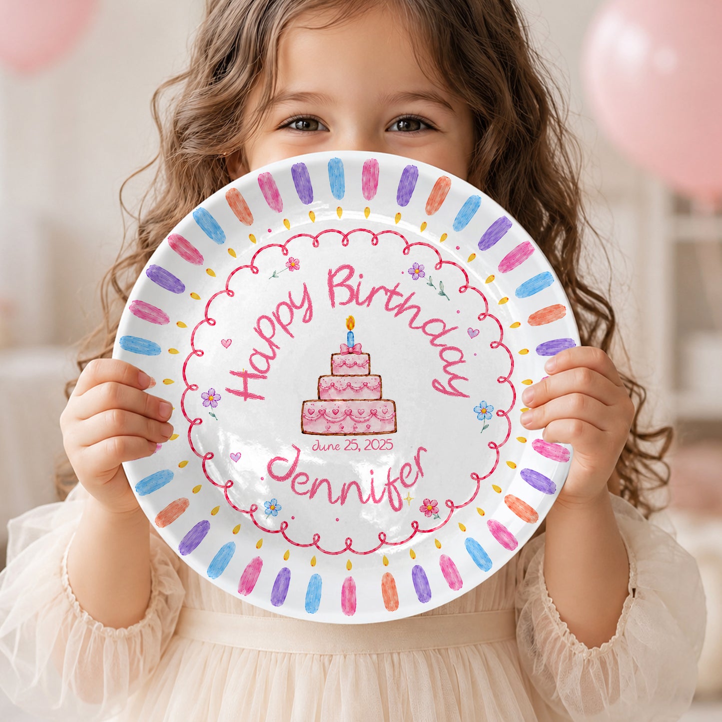 Colorful Candle Border with Tiered Birthday Cake Personalized Birthday Plate D69OJI0