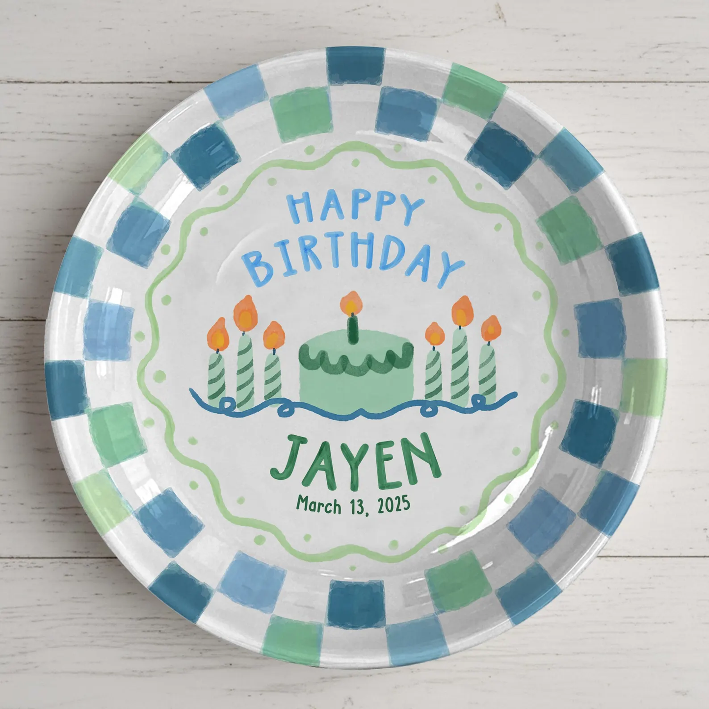 Blue Green Checkered Personalized Birthday Plate P418VAW0