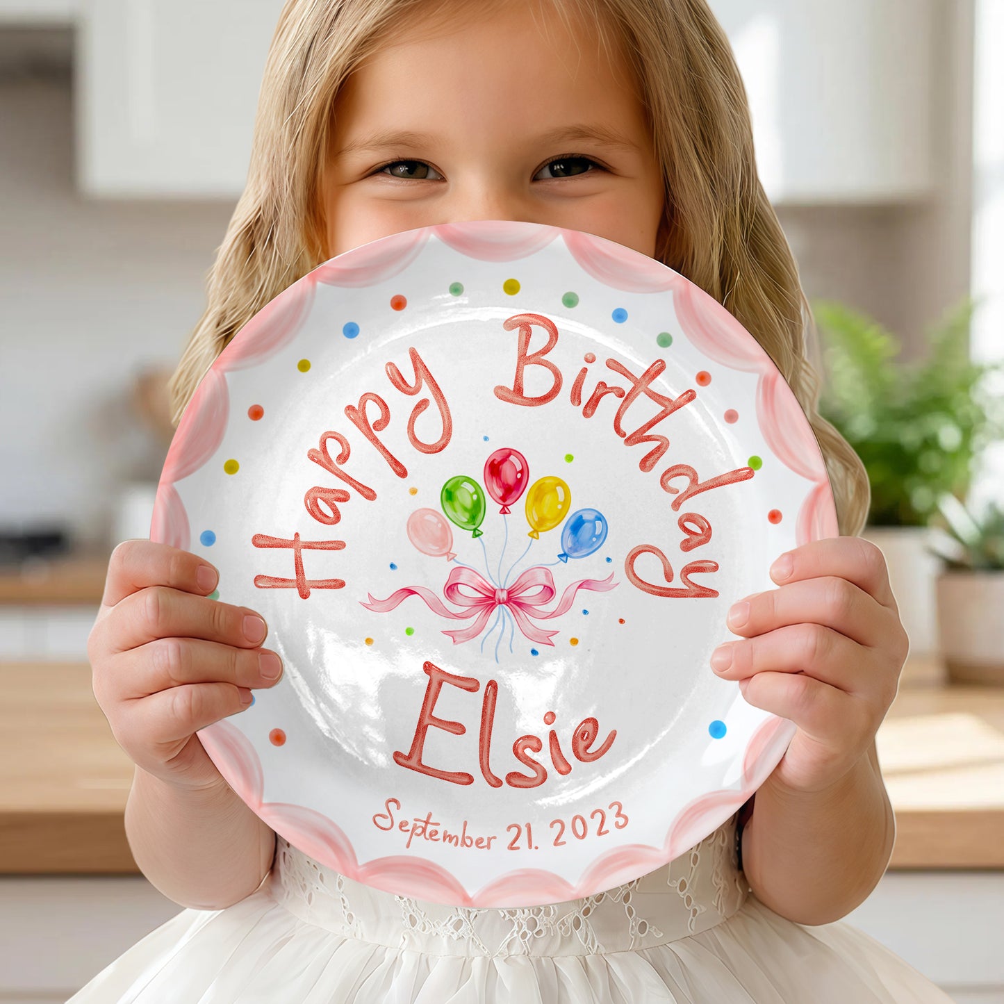 Pink Scallop Balloon Personalized Birthday Plate P410HJT0