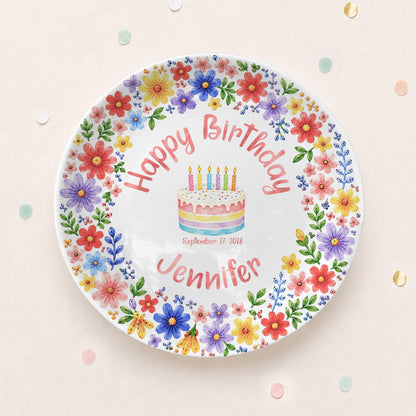 Custom Name Floral Birthday Cake Personalized Birthday Plate for Kids P619KWJ0