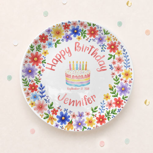 Custom Name Floral Birthday Cake Personalized Birthday Plate for Kids P619KWJ0