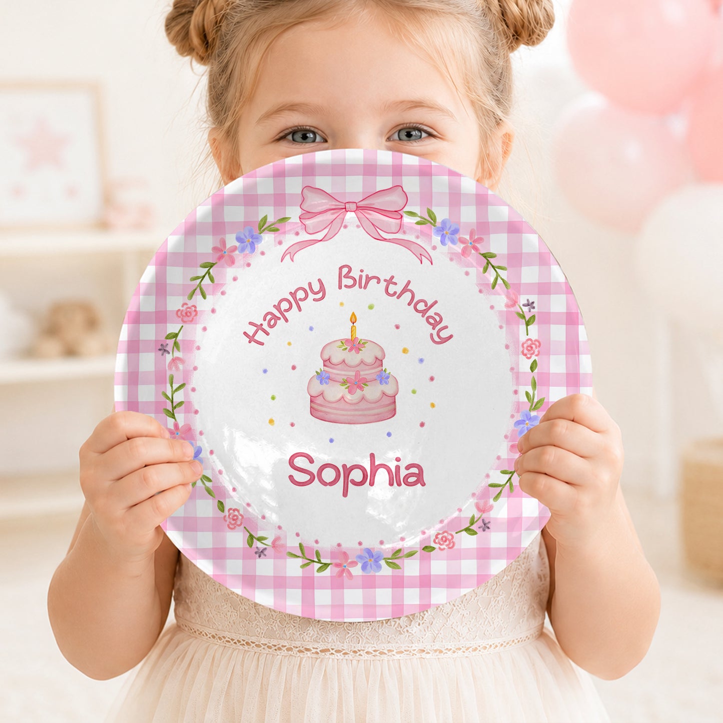 Pink Gingham Floral Personalized Birthday Plate P61O7V0