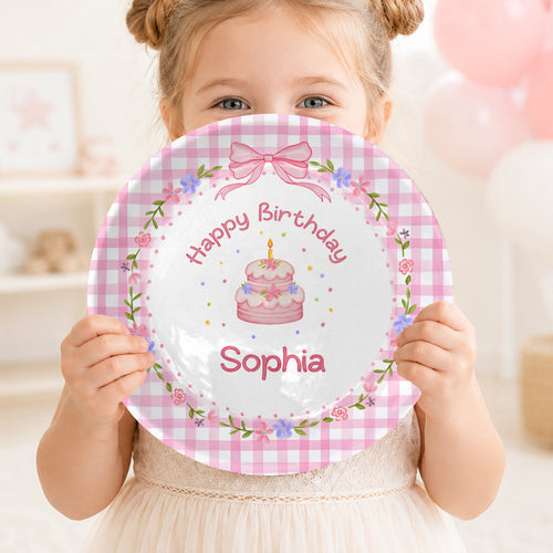 Pink Gingham Floral Personalized Birthday Plate P61O7V0