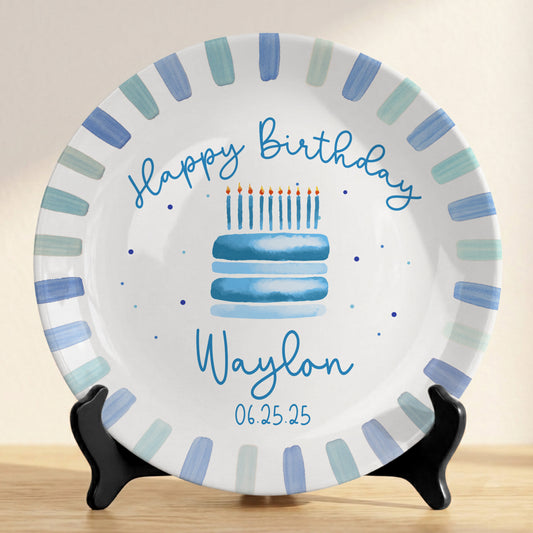 Blue Birthday Cake Personalized Birthday Plate for Kids, Custom Name and Date Ceramic Keepsake P857QR0