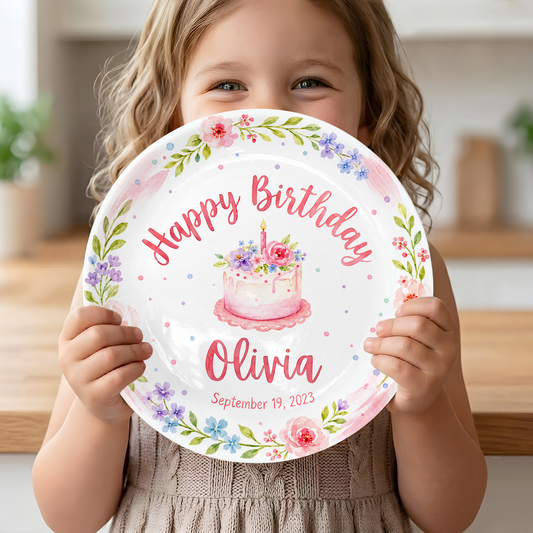Pink Floral Wreath with Flower Cake Personalized Birthday Plate P47RQM0