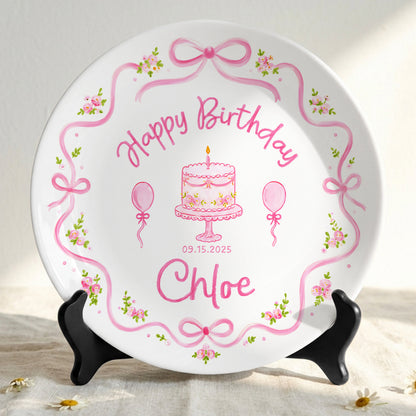 Pink Floral Bow Birthday Cake Custom Name Keepsake Personalized Birthday Plate Gift P813NCL0
