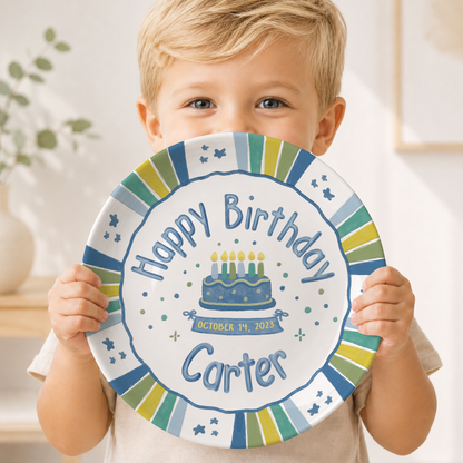 Blue Green Striped Border with Star Confetti Personalized Birthday Plate P526USD0