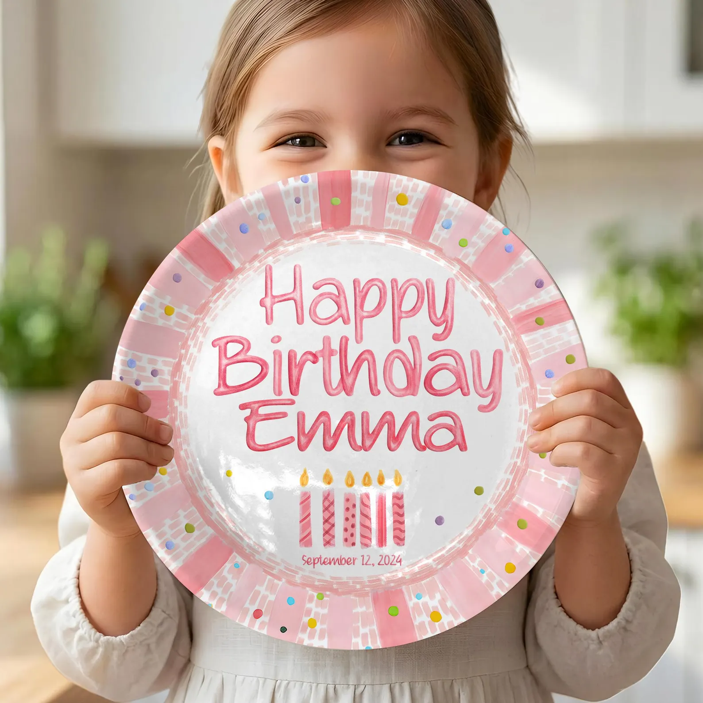Pink Striped Confetti Border with Birthday Candles Personalized Birthday Plate P428PVR0