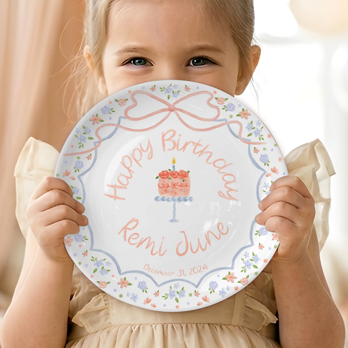 Pastel Floral Bow Cake Personalized Birthday Plate P46E040