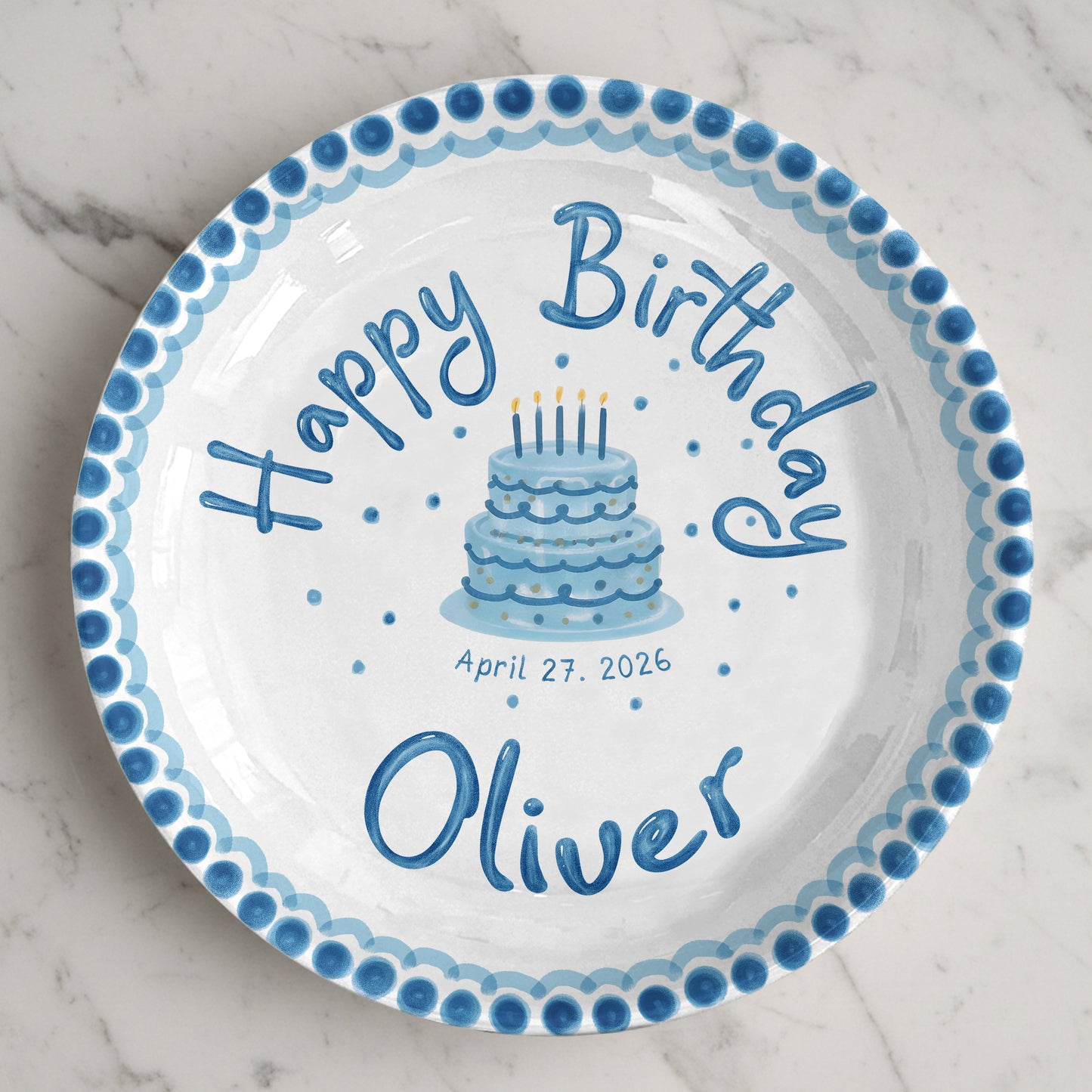 Blue Dotted Border and Cake Personalized Birthday Plate P32WRE0