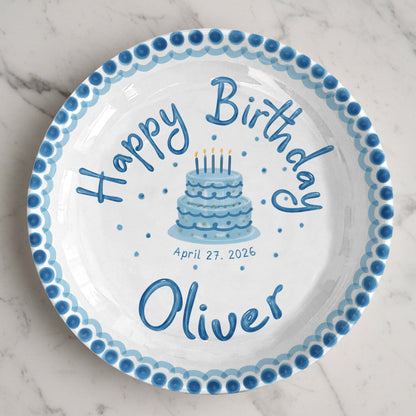 Blue Dotted Border and Cake Personalized Birthday Plate P32WRE0
