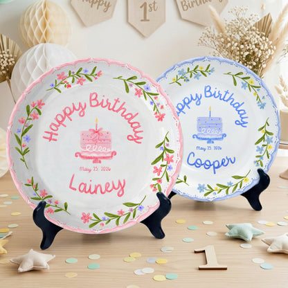 Pink and Blue Floral Plates Personalized Birthday Plate D311DZZ0