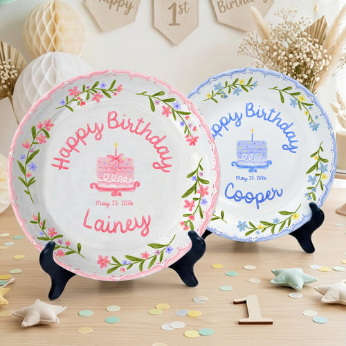 Pink and Blue Floral Plates Personalized Birthday Plate D311DZZ0