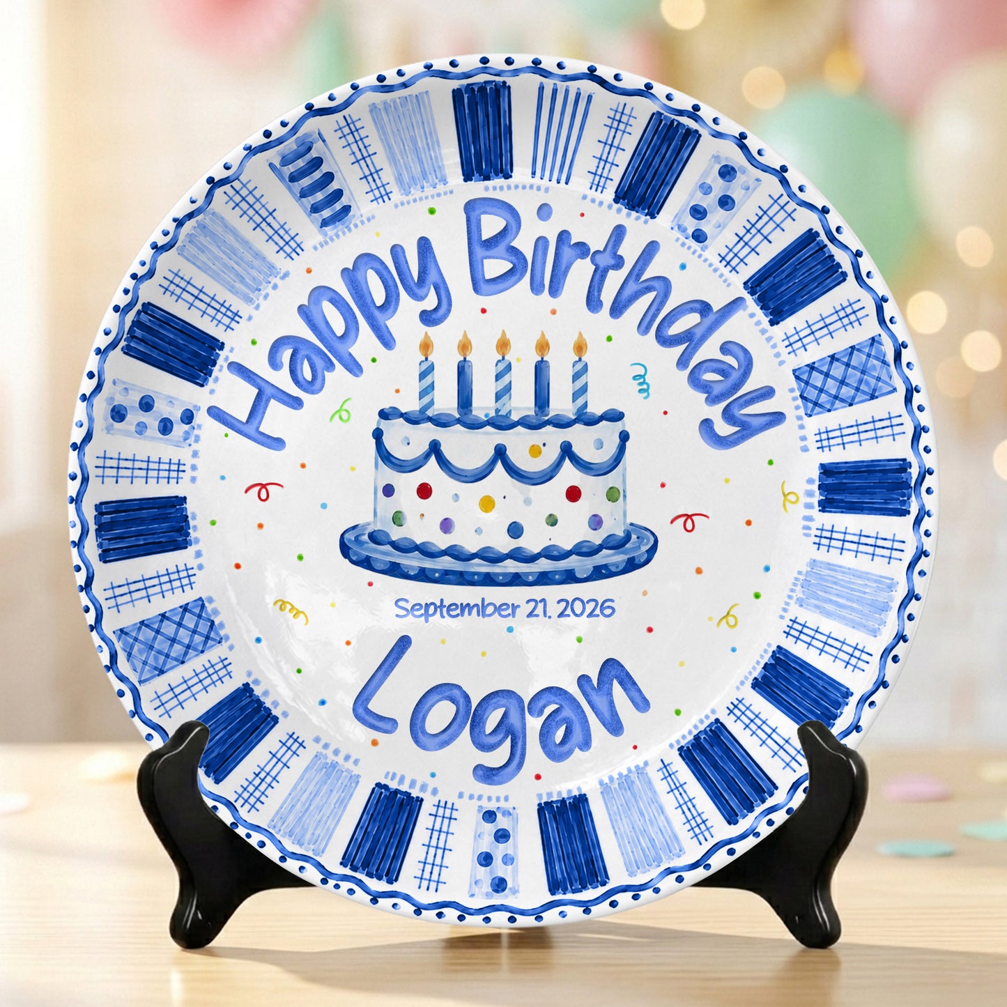 Blue Checkered Cake Personalized Birthday Plate for Boys Birthday Gift P812TGN0