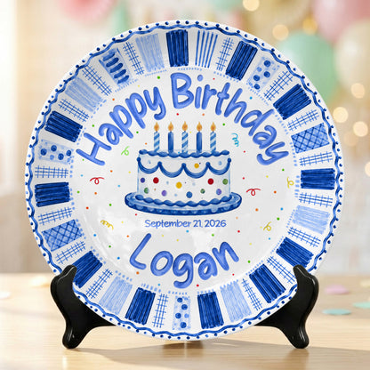 Blue Checkered Cake Personalized Birthday Plate for Boys Birthday Gift P812TGN0