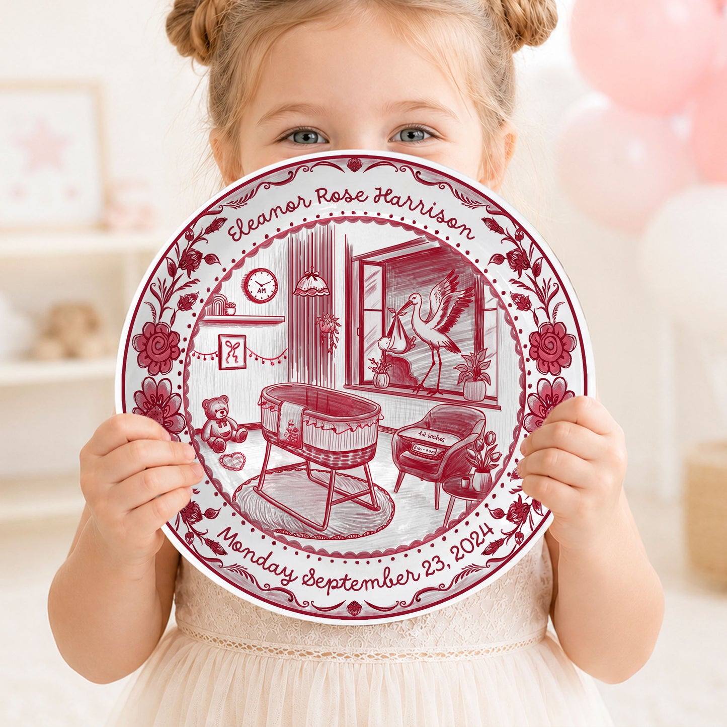 Red Toile Nursery Room with Stork and Floral Border Personalized Birthday Plate P62FUK0