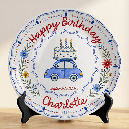 Blue Car Floral Personalized Birthday Plate for Kids Keepsake Gift P8124VP0