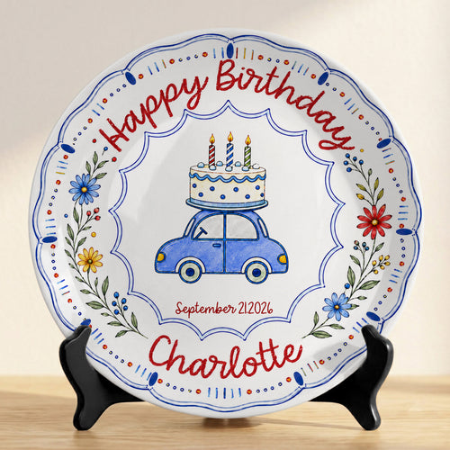 Blue Car Floral Personalized Birthday Plate for Kids Keepsake Gift P8124VP0
