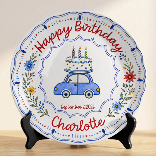 Blue Car Floral Personalized Birthday Plate for Kids Keepsake Gift P8124VP0