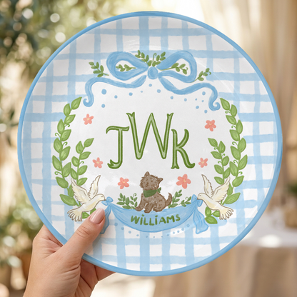 Blue Gingham Monogram Personalized Baby Plate, Custom Initial Ceramic Keepsake P730SMX0