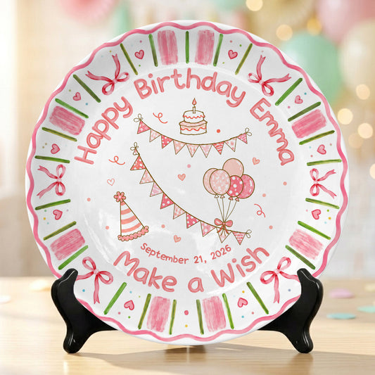 Pink Floral Girl Cake Balloon Make Wish Personalized Birthday Plate P810UCS0