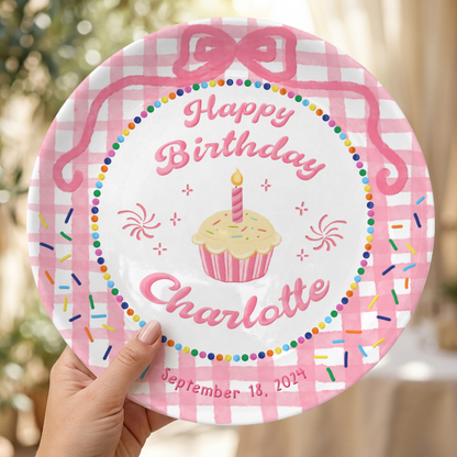 Pink Gingham Cupcake Rainbow Birthday Keepsake Personalized Birthday Plate Gift P710LJG0
