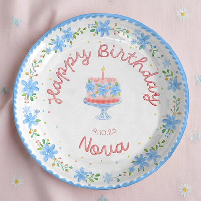 Soft Blue Floral Birthday Cake Personalized Birthday Plate P55EXJ0
