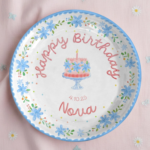 Soft Blue Floral Birthday Cake Personalized Birthday Plate P55EXJ0