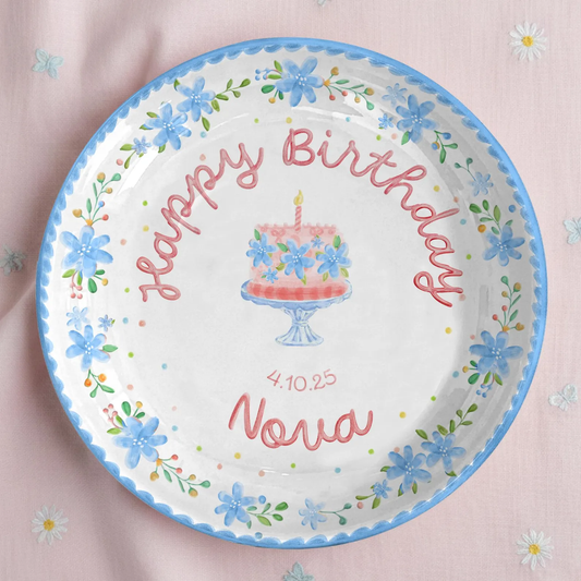 Soft Blue Floral Birthday Cake Personalized Birthday Plate P55EXJ0