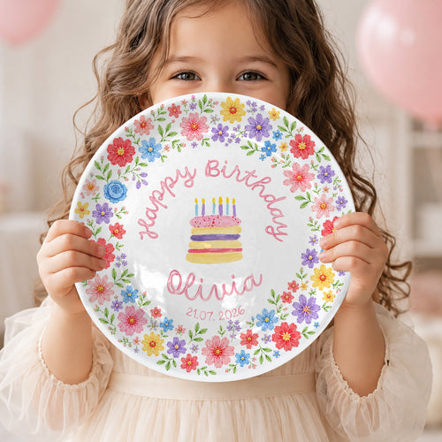 Colorful Floral Cake Personalized Birthday Plate D610EAF0