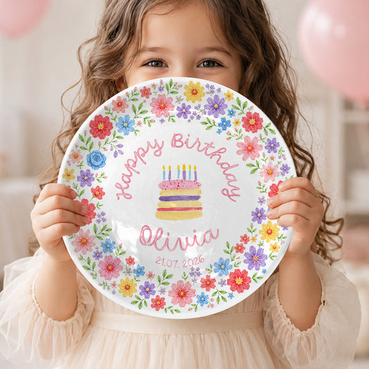 Colorful Floral Cake Personalized Birthday Plate D610EAF0