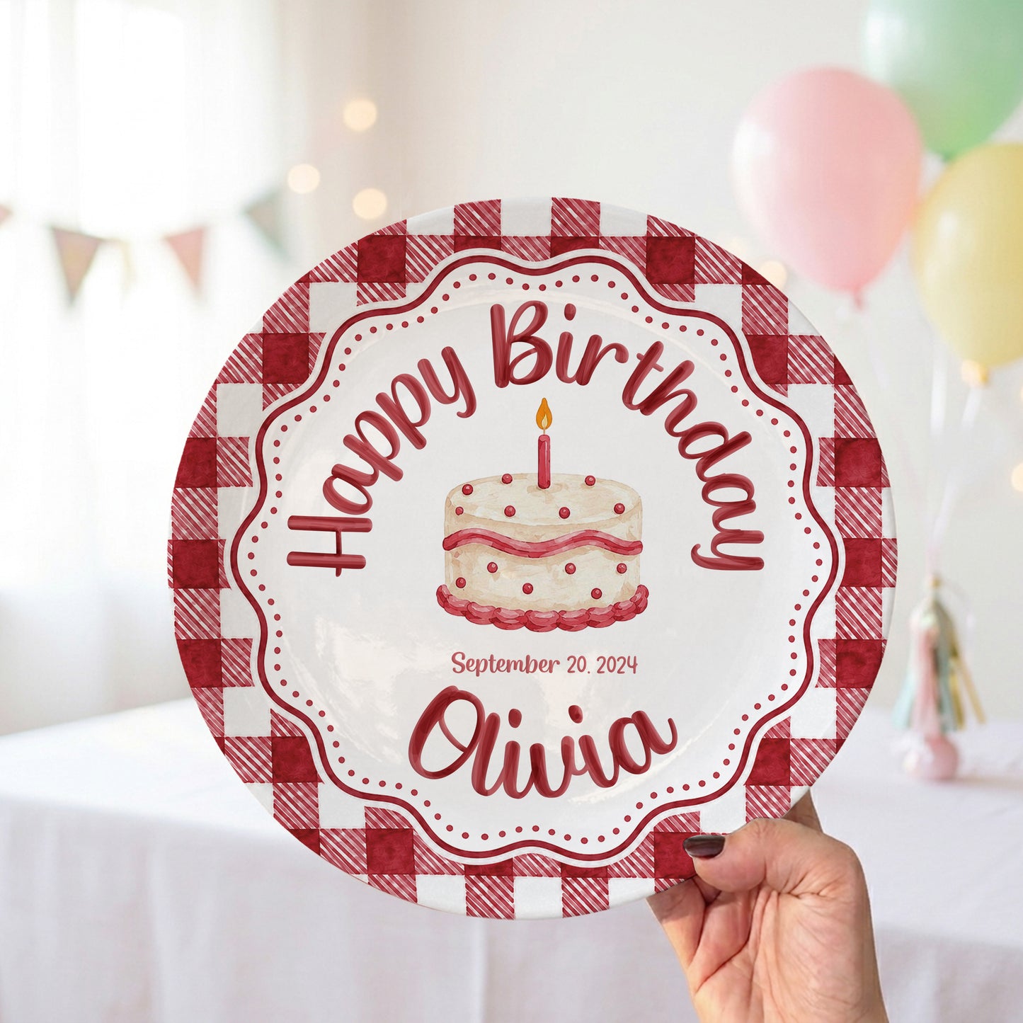 Red Gingham Birthday Cake Keepsake Personalized Birthday Plate P718CMU0
