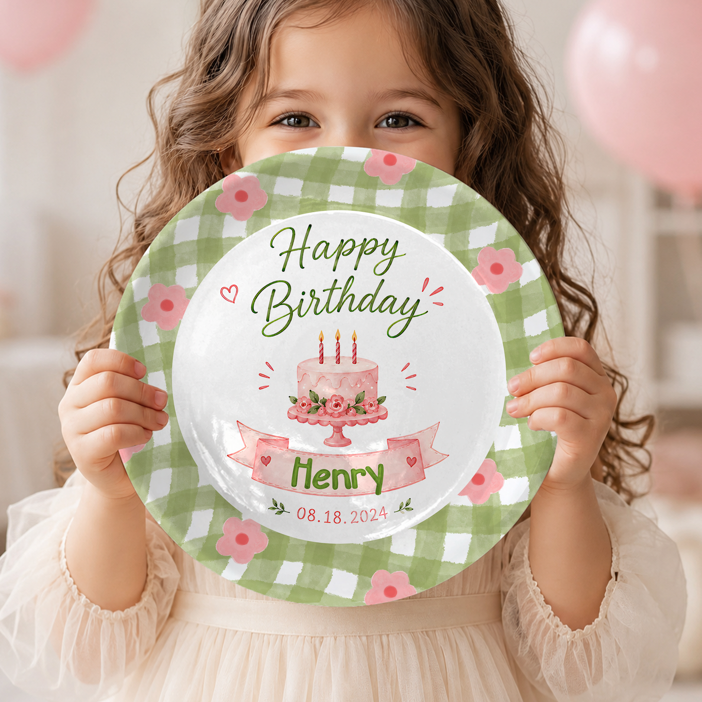 Green Gingham Floral Border with Pink Cake and Custom Name Banner Personalized Birthday Plate P514PVJ0