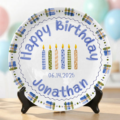 Blue Plaid Boys Custom Name First Birthday Personalized Birthday Plate P8245JH0