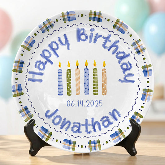 Blue Plaid Boys Custom Name First Birthday Personalized Birthday Plate P8245JH0