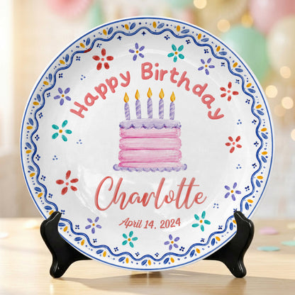 Colorful Floral Cake Design Personalized Birthday Plate for Little Girls P814DYI0