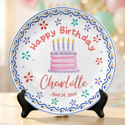 Colorful Floral Cake Design Personalized Birthday Plate for Little Girls P814DYI0