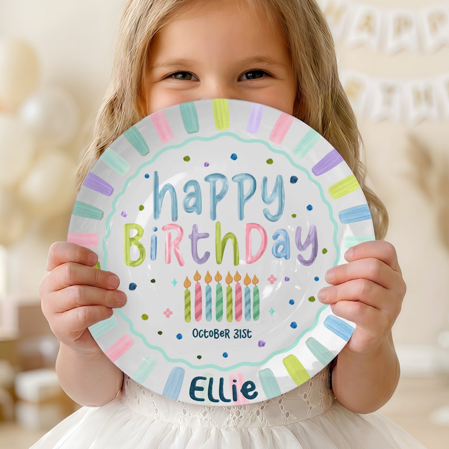 Colorful Candles and Stripes Personalized Birthday Plate D43RCW0a1