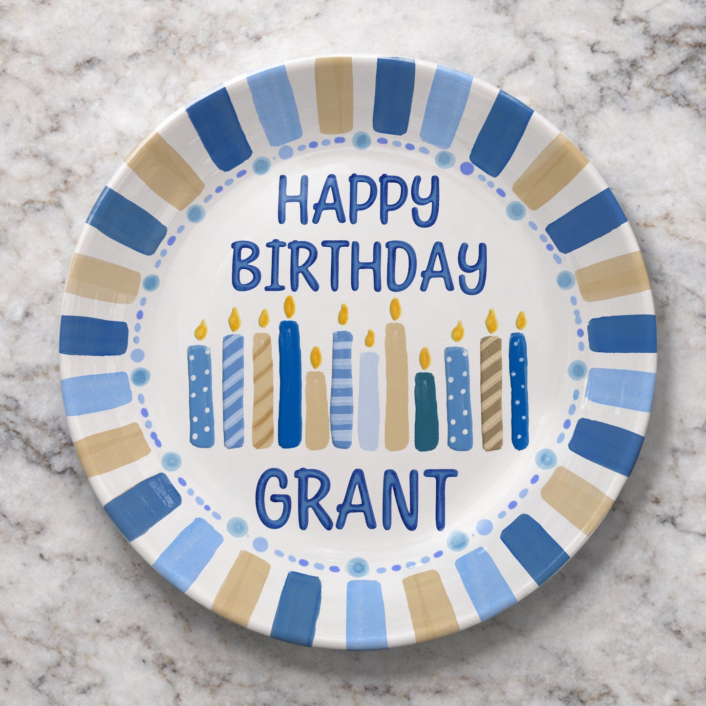 Striped Party Border with Birthday Candles Personalized Birthday Plate D321TUA0