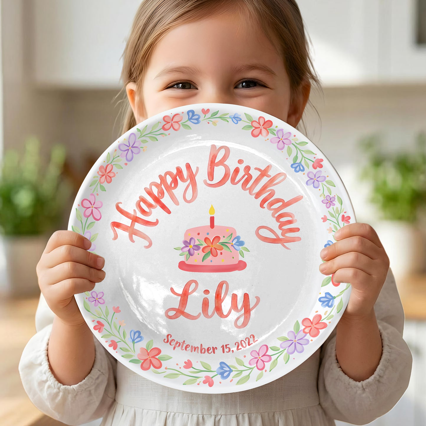 Floral Wreath with Pink Birthday Cake Personalized Birthday Plate P415Q5C0